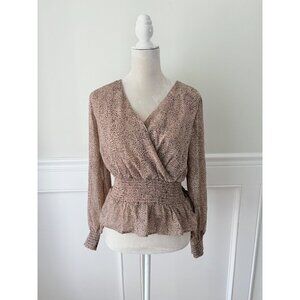 Japna M Leopard Print Long Sleeve Surplice Top With Smocked Waist & Peplum Hem